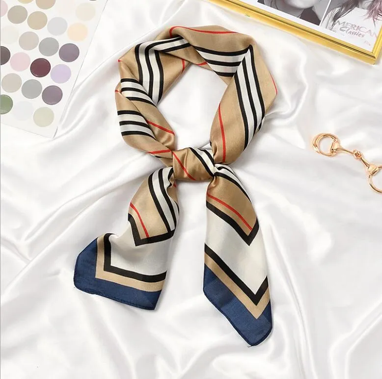 70x70cm Women Multifunction Polyester Silk Scarf Elegant Stripes Printed Casual Satin Small Square Wraps Scarves Shawl