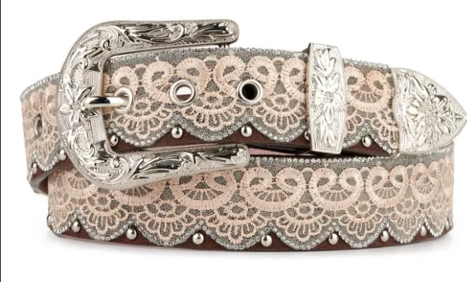 Angel Ranch Women's Brown Lace, Stud & Crystal Western Belt