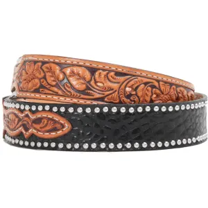 B198 - Black Gator Print and Floral Tooled Belt