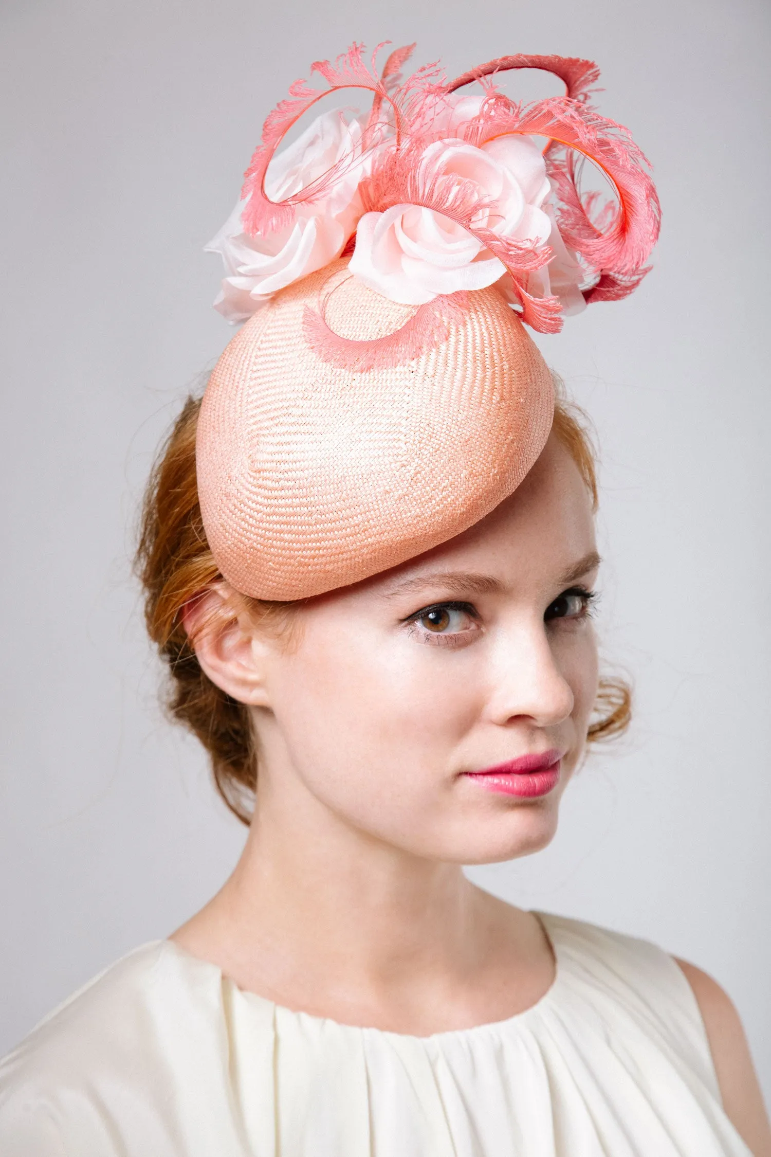 Damascus: Coral Derby Fascinator with Pink Roses