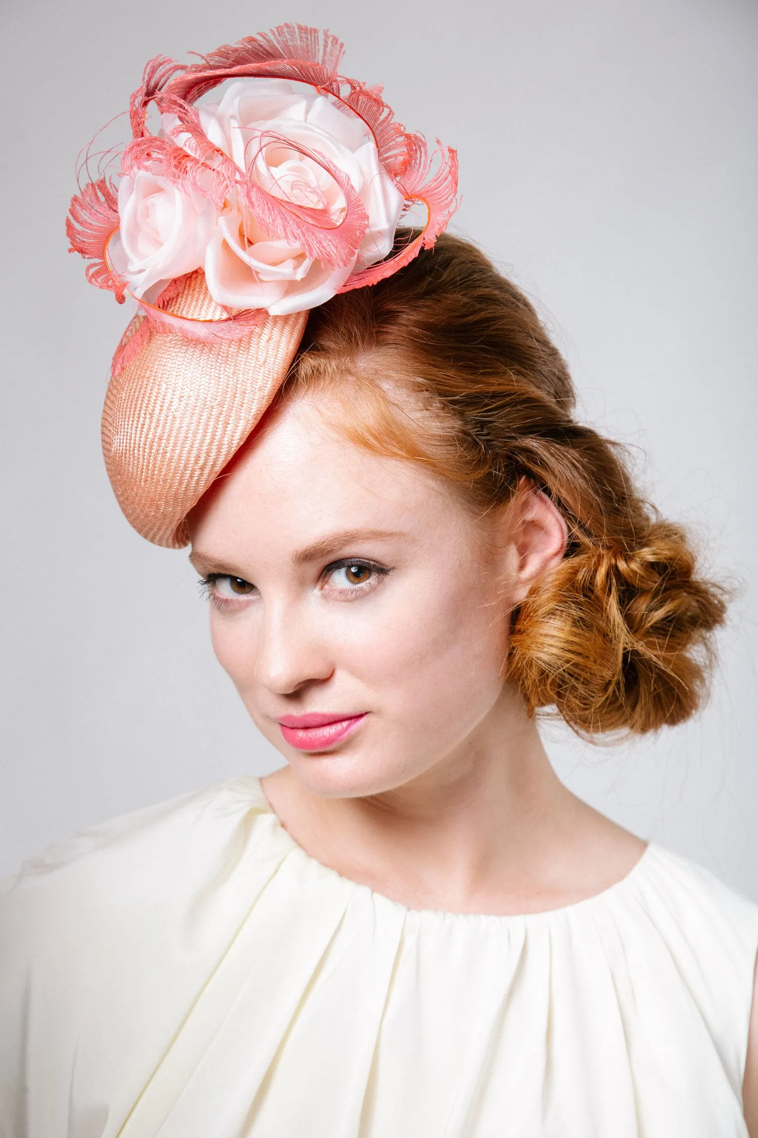 Damascus: Coral Derby Fascinator with Pink Roses