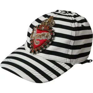 Dolce & Gabbana Black White Stripe Amore Heart Applique Baseball Hat