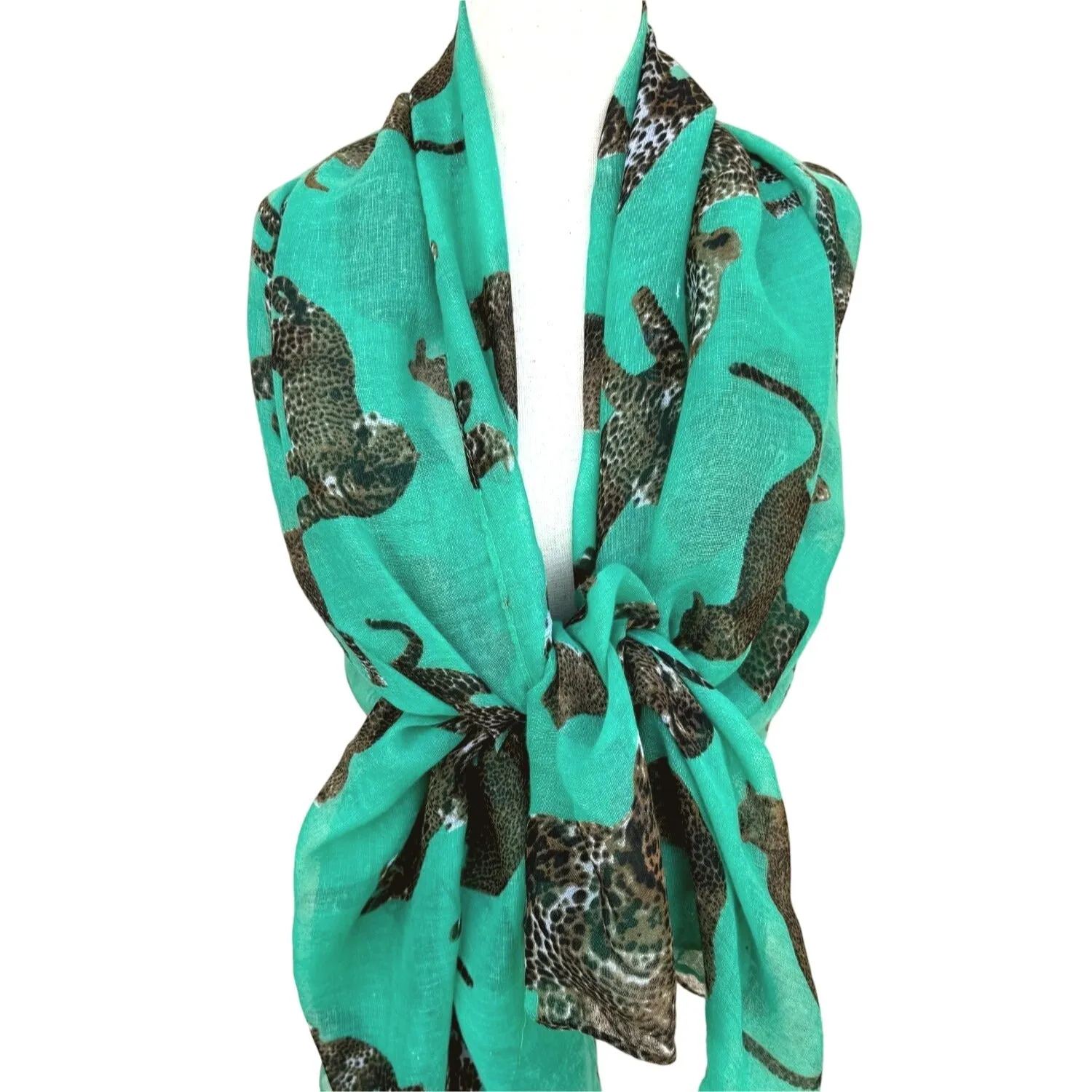 Evelyn K New York Vintage Rectangle Large Green Wrap Linen Feel Leopard Scarf