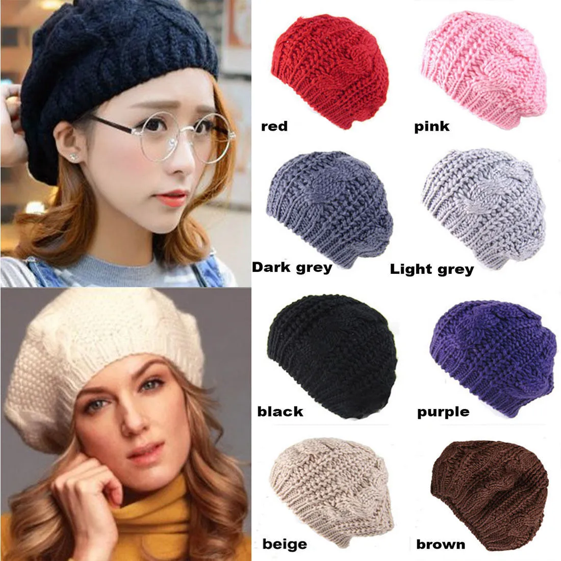 Fashion Warm Winter Women Beret Braided Baggy Knit Crochet Beanie Hat Ski Cap