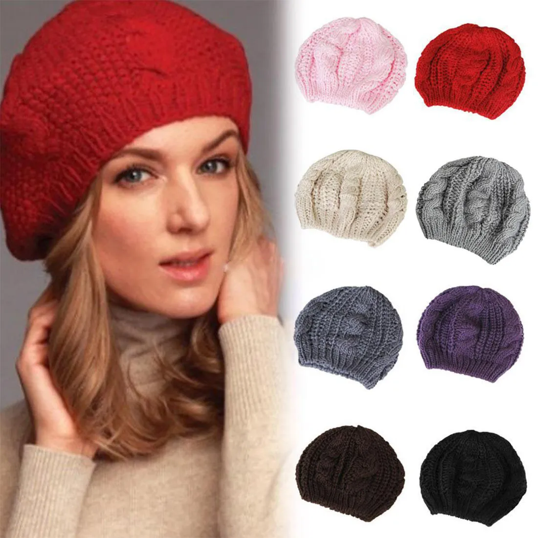 Fashion Warm Winter Women Beret Braided Baggy Knit Crochet Beanie Hat Ski Cap