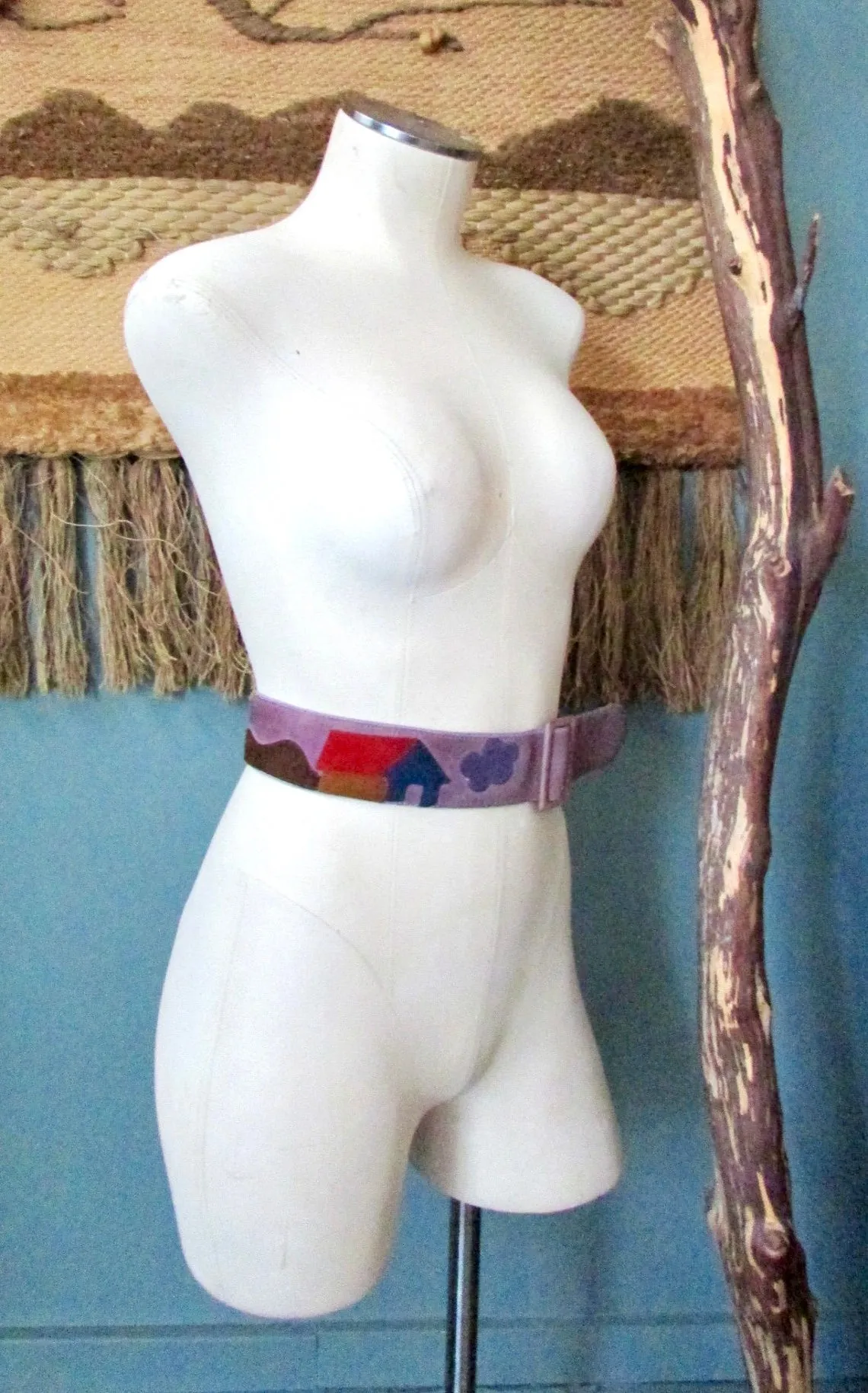 HOMESTEADER 60s Purple Applique Suede Hippie Belt, Small Medium