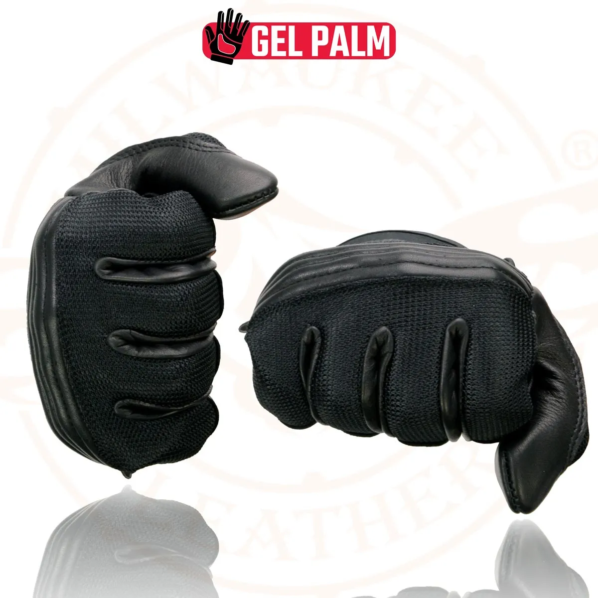 Milwaukee Leather MG7517 Men's Black Leather Mesh Gel Palm Motorcycle Hand Gloves W/ Rubberized Flex Knuckles