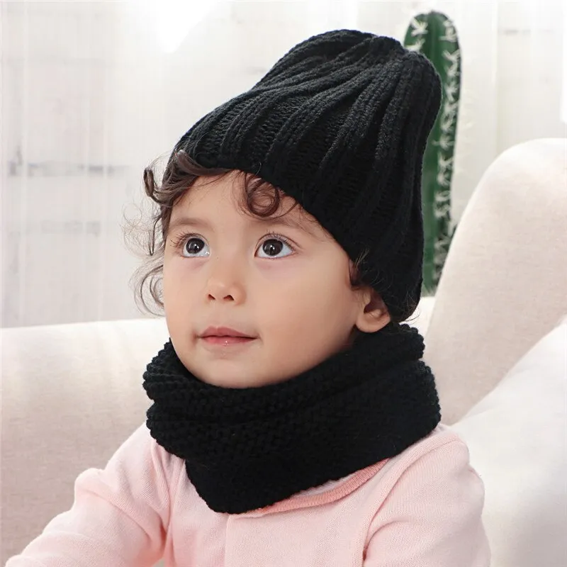 Multicolor hat and scarf for children solid acrylic kids hat with a scarf knit girls boy hats scarves set winter accessories