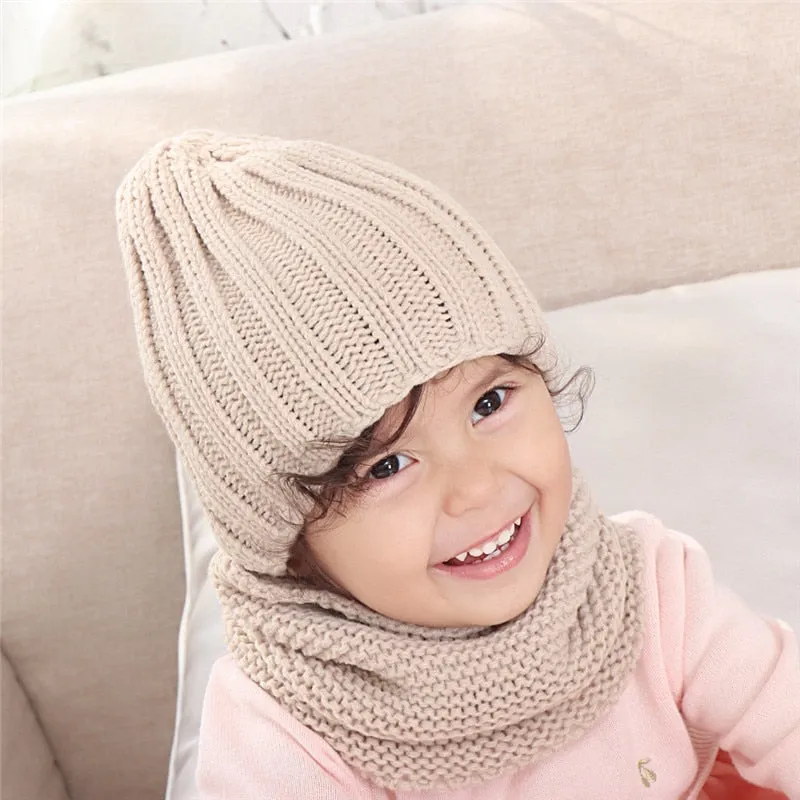 Multicolor hat and scarf for children solid acrylic kids hat with a scarf knit girls boy hats scarves set winter accessories