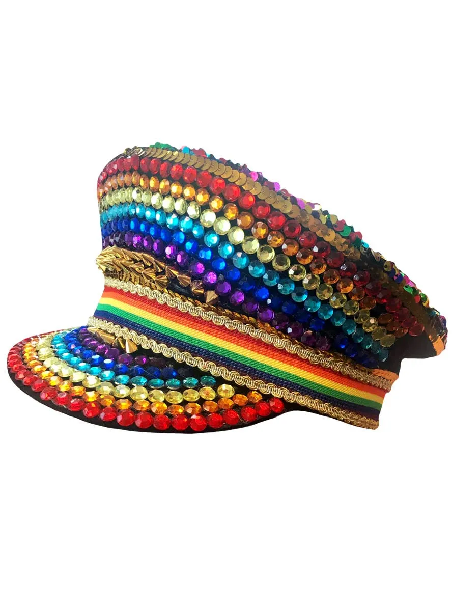 Rainbow Jewelled and Spiked Deluxe Handmade Festival Biker Cap