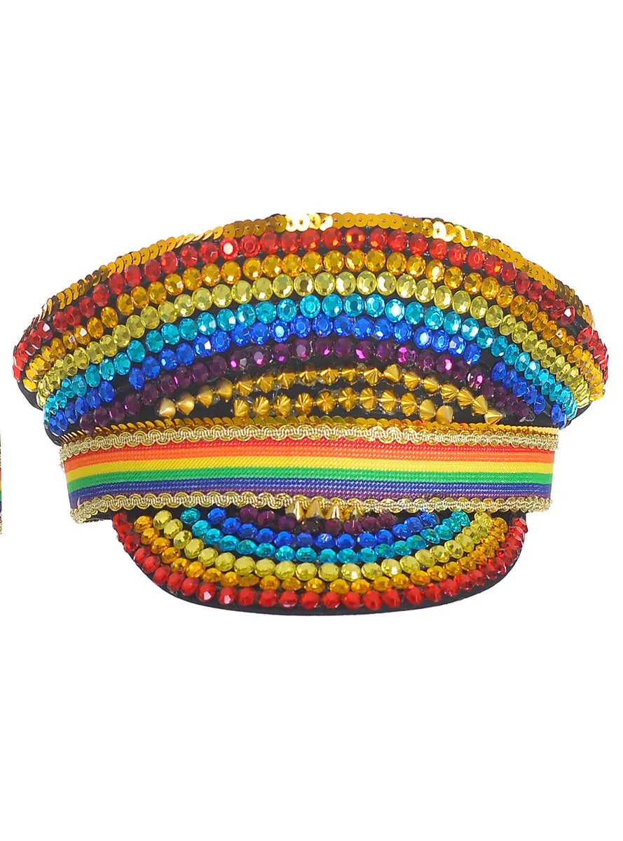 Rainbow Jewelled and Spiked Deluxe Handmade Festival Biker Cap