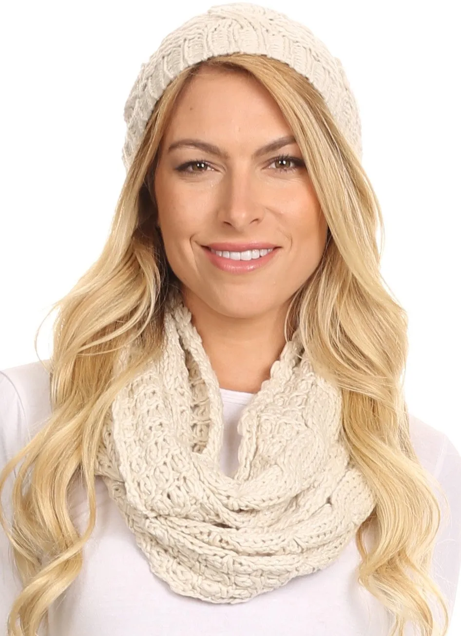 Sakkas Haile Metallic Threaded Woven Classic Hat Beanie And Infinity Scarf Set