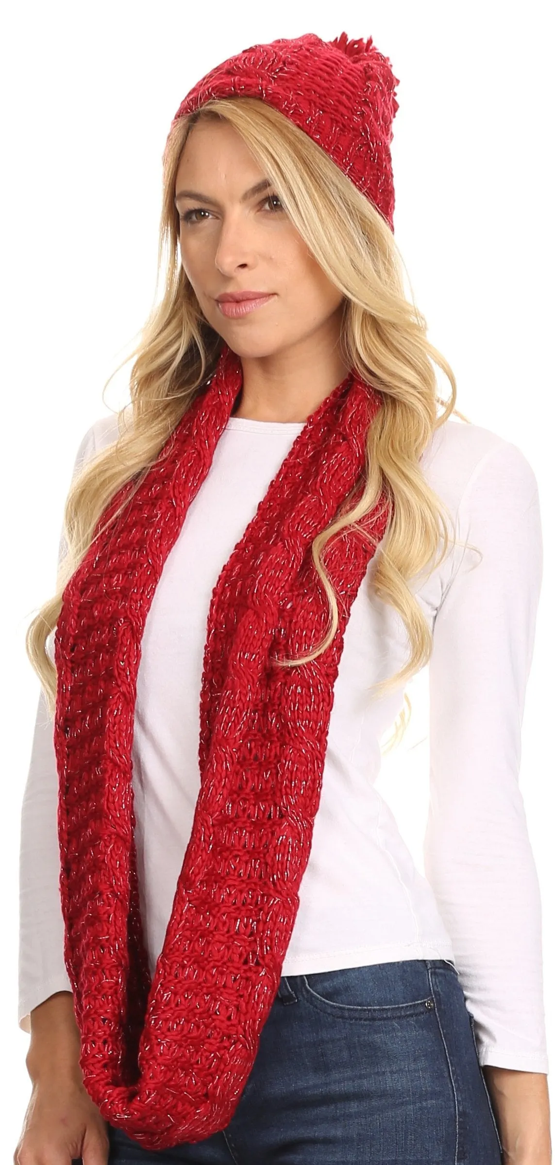 Sakkas Haile Metallic Threaded Woven Classic Hat Beanie And Infinity Scarf Set