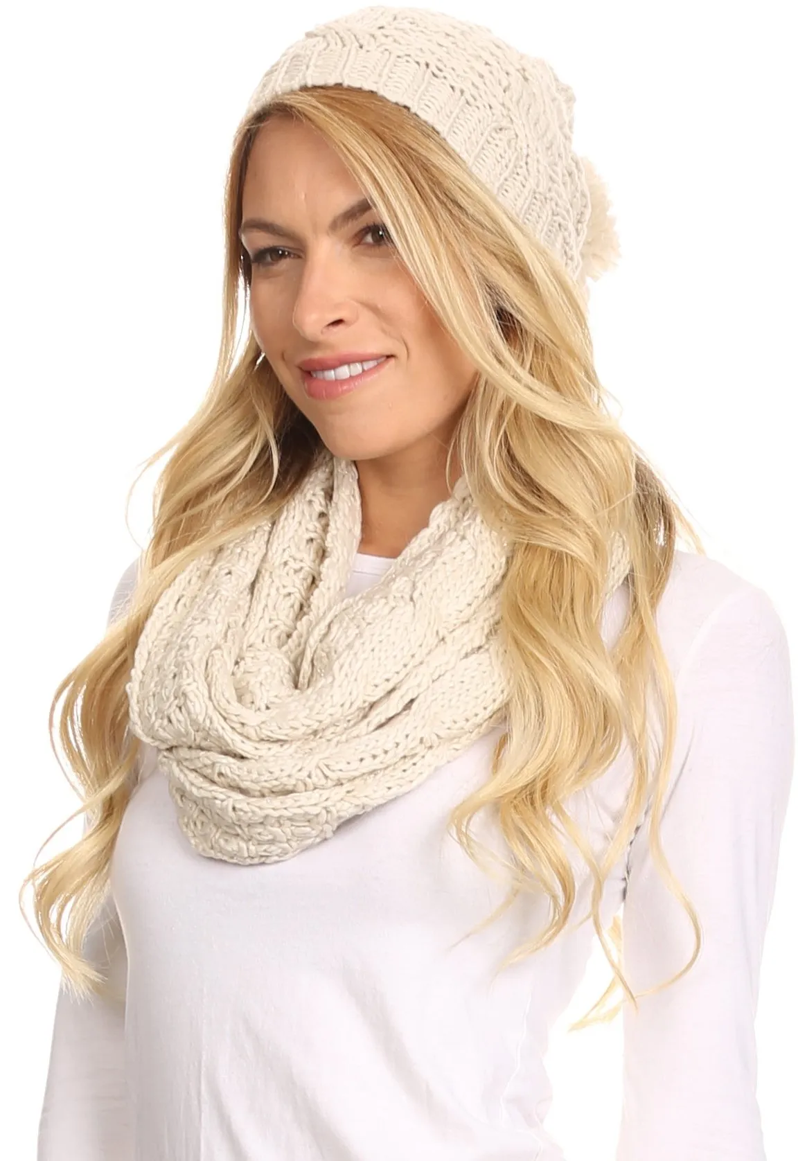 Sakkas Haile Metallic Threaded Woven Classic Hat Beanie And Infinity Scarf Set