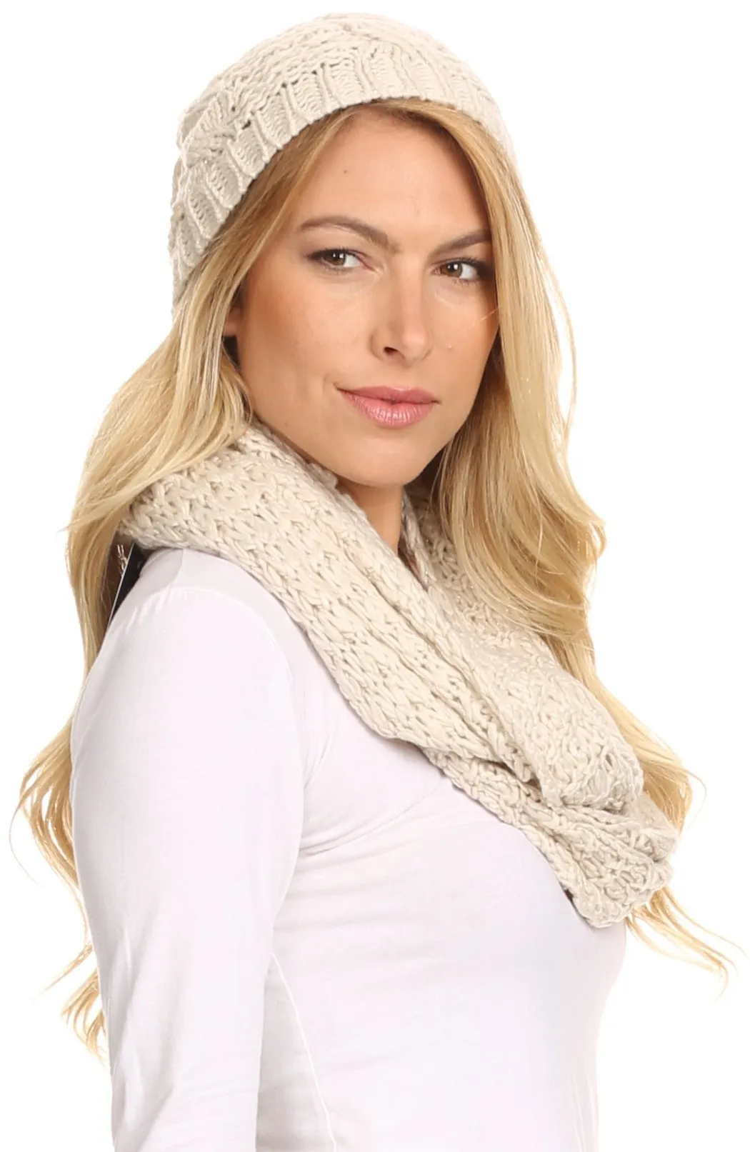 Sakkas Haile Metallic Threaded Woven Classic Hat Beanie And Infinity Scarf Set