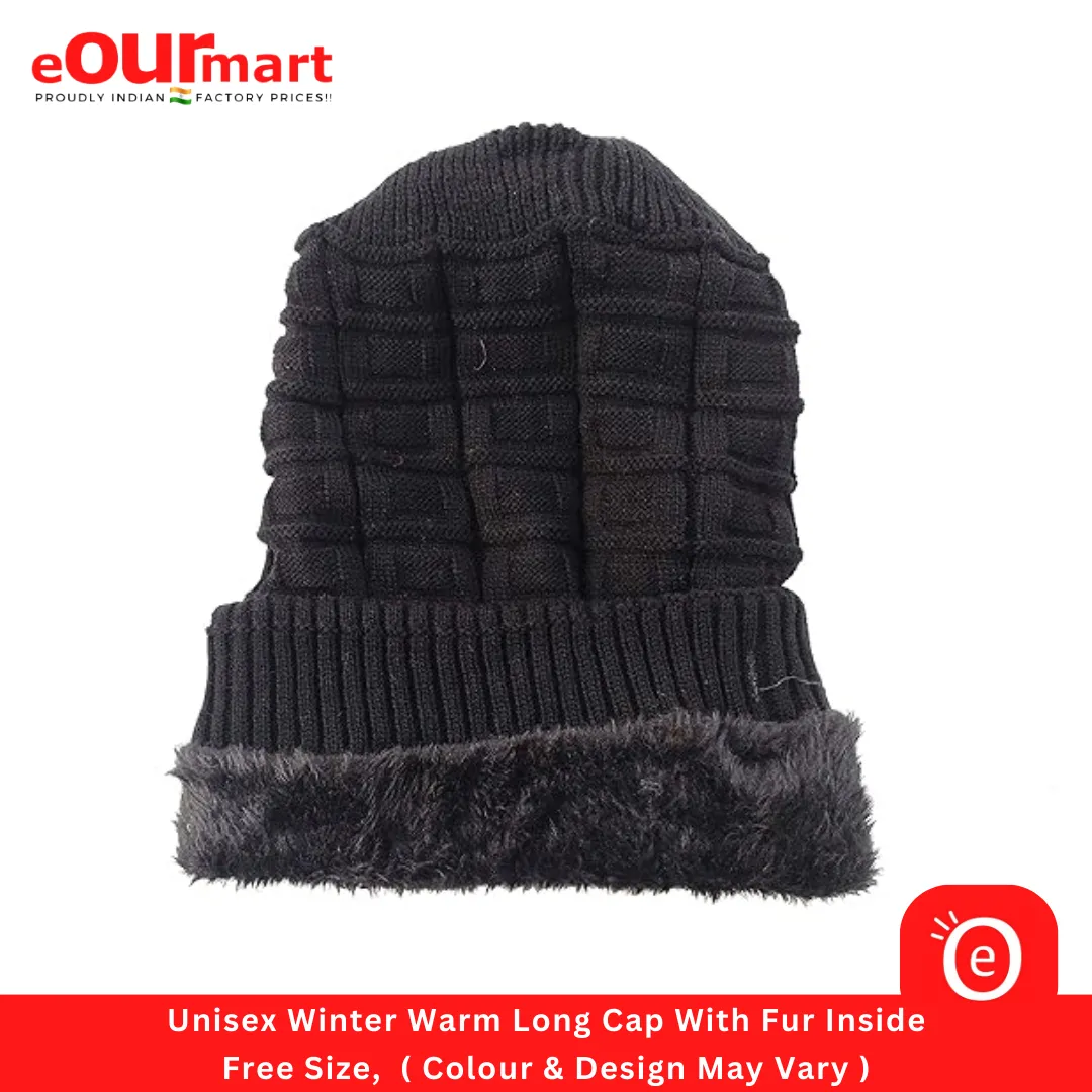 Unisex Winter Warm Long Cap With Fur Inside, Free Size,  ( Colour & Design May Vary )