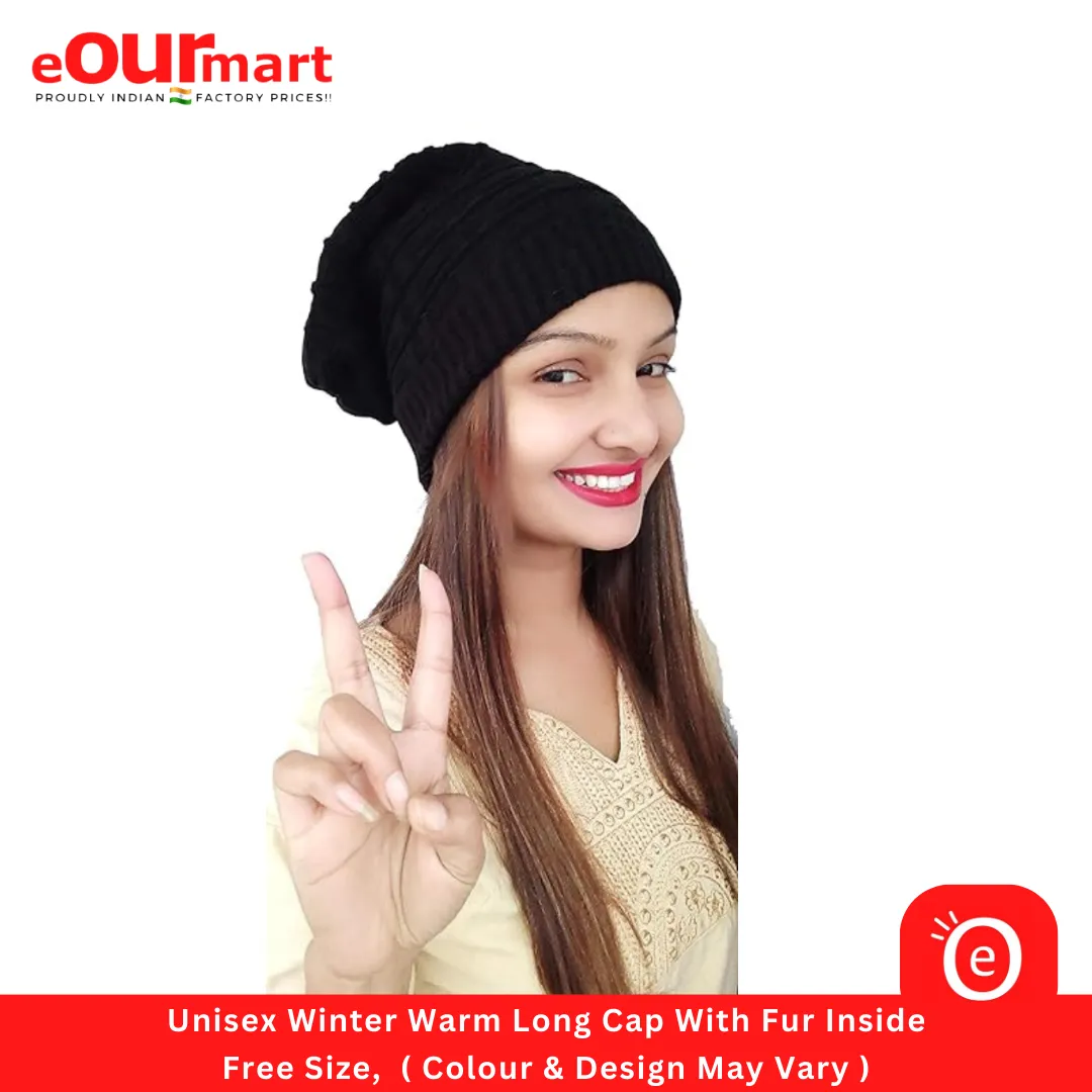 Unisex Winter Warm Long Cap With Fur Inside, Free Size,  ( Colour & Design May Vary )