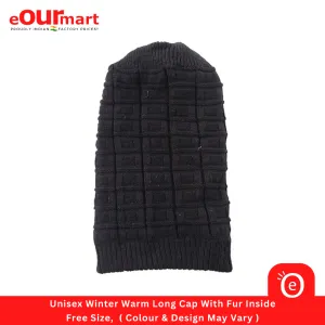 Unisex Winter Warm Long Cap With Fur Inside, Free Size,  ( Colour & Design May Vary )