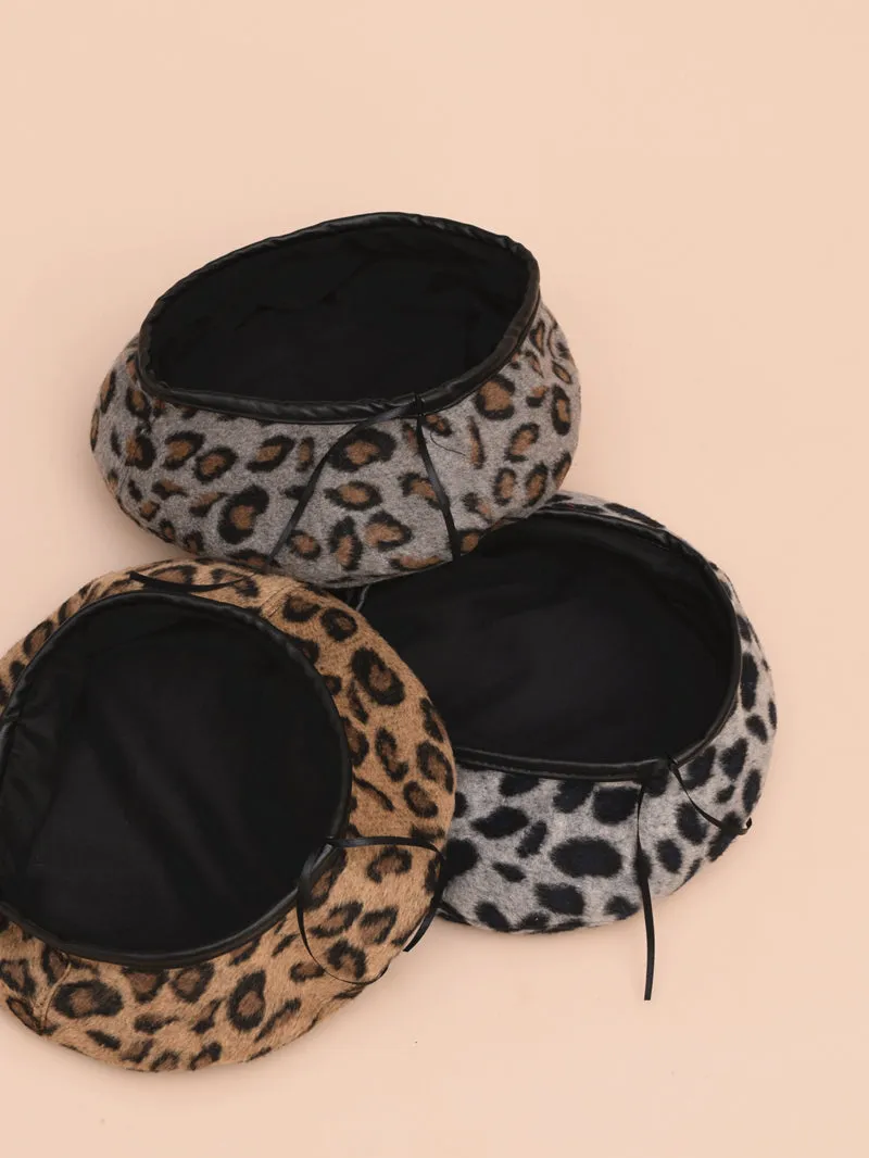 Women's Hat Cute Beret Vintage Hats For Women Leopard Felt Hat Beanie Woolen Winter Hat  Women's Beret With Visor Warm