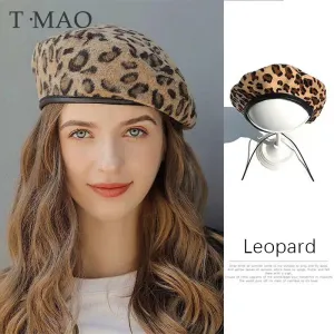 Women's Hat Cute Beret Vintage Hats For Women Leopard Felt Hat Beanie Woolen Winter Hat  Women's Beret With Visor Warm